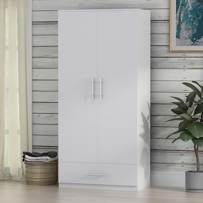 Hitow Wardrobe Armoire Closet with 2 Doors, Freestanding Wardrobe Cabinet with Drawer & Hanging Rod, Bedroom Armoire Clothes Organizer, Type C White (31.5" W x 18.9" D x 66.9" H)