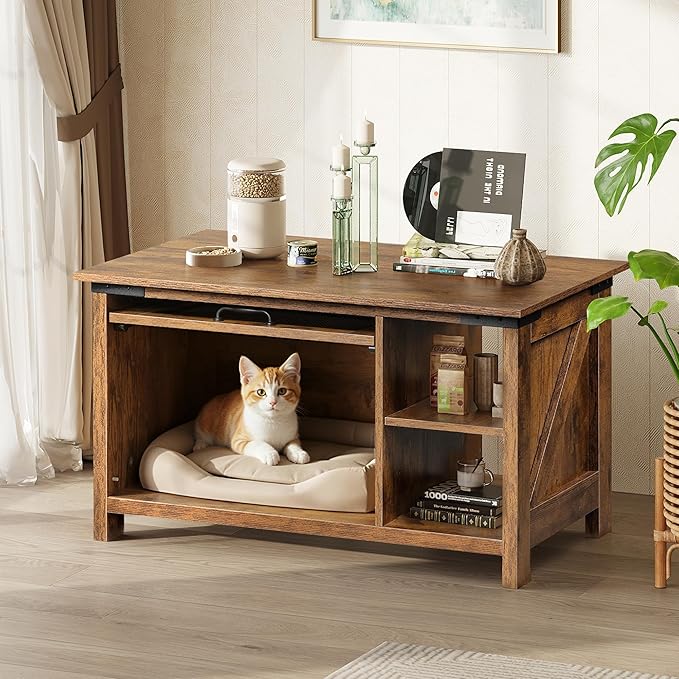 WLIVE Coffee Table with Storage, Modern Coffee Table with Flip-up Door, 2-in-1 Center Table Cat House Furniture for Living Room, Home, Rustic Brown