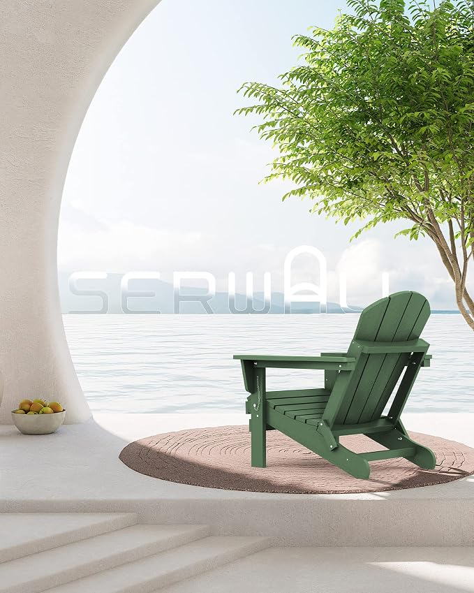 SERWALL Foldable Adirondack Chair with Cup Holder Set of 2 for Patio Garden Outdoors Fire Pit Chairs-Avocadogreen - Image 2