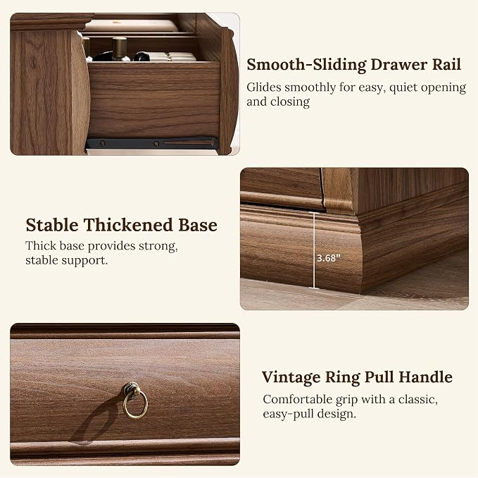 ACCOHOHO 22" Vintage Nightstand with 3 Curved Front Drawers & Retro Ring Pulls & Charging Station, Wood Bedside Table, End Table with Stable Base for Bedroom, Black Walnut Side Table - Image 7