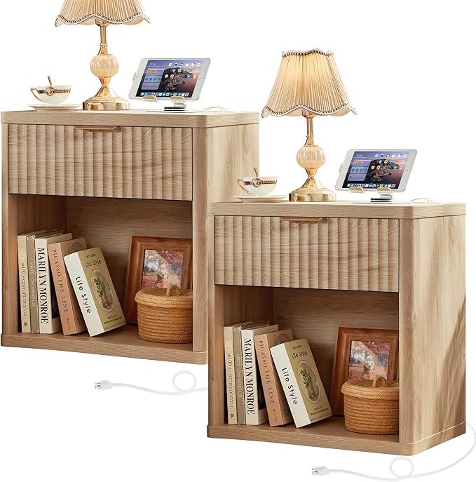 LEYAOYAO Fluted Farmhouse Nightstand Set of 2 with Charging Station, 23" Wide 1 Drawers Night Stand,Natural Dresser for Bedroom,Bed Side Table Chest of Drawers,Wood End Table for Living Room by LEYAOYAO-Findtheshiningpointofyourideallife%EF%BC%81