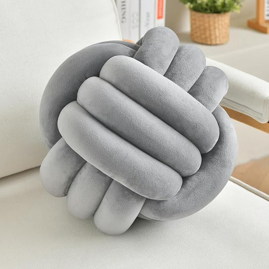 LUSJNGE Decorative Throw Knot Pillow Ball for Home Chair Sofa Aesthetic Round Velvet Knotted Pillow Cushion (Light Grey, 8 inches)