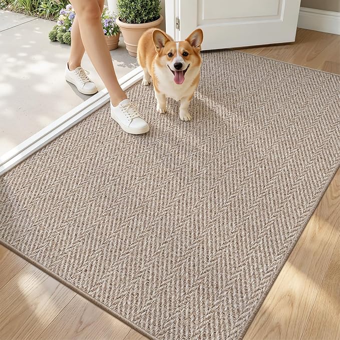 LUMI Ultra Thin Indoor Door Mat for Entrance 36"x56", Non Slip Entryway Mat, Low Profile Doormat, Unique Herringbone Design Carpet for Inside, Patio, Porch, Dark Beige by LUMI