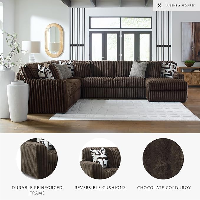 Signature Design by Ashley Midnight-Madness Casual U-Shaped Anti Sag 4-Piece Sectional with Chaise, Reversible Seat Cushions and 9 Accent Pillows, Dark Brown