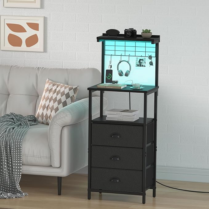 sthmec Bedside Tables Tall Nightstands with Charging Station, LED Bedside Table for Bedroom - 3 PU Fabric Drawers, Hooks, Black - Image 2