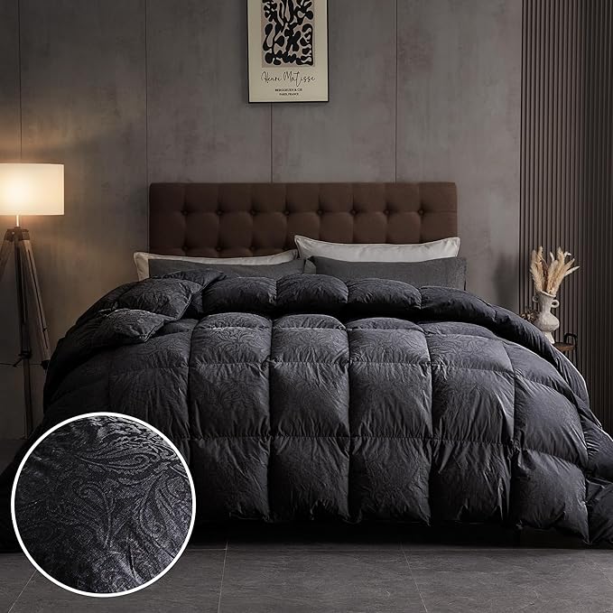 DAICO Goose Feather Down Comforter Full Size, All Season Luxury Hotel Fluffy Duvet Insert, Ultra Soft 100% Cotton Shell with 8 Corner Tabs, Paisley Design (82x90'', Black)