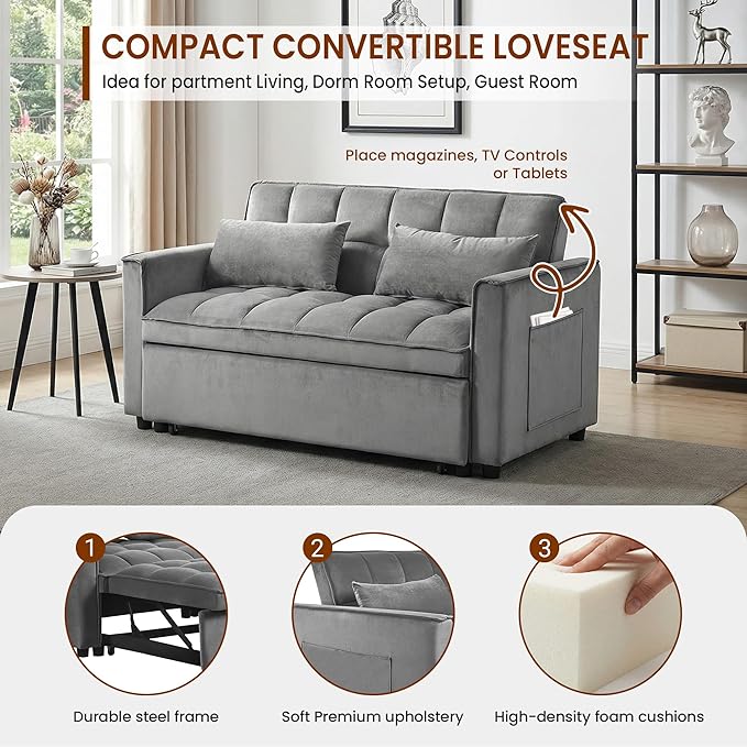 Convertible Sofa Bed 3 in 1 Pull Out Loveseat Sleeper Couch with Adjustable Backrest, Side Pocket, Two Pillows for Apartment, Dorm Room, Bedroom and Small Space | Velvet Fabric