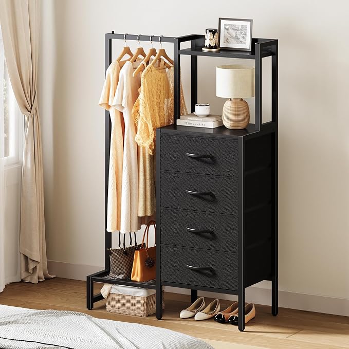 Yoobure Black Dresser with Hanging Rack - Small Closet with 4 Fabric Storage Drawers, 44" H Dresser with Clothes Rack, Chest of Drawer, Kids Dressers for Bedroom, Entryway, Living Room, Sturdy Frame - Image 9