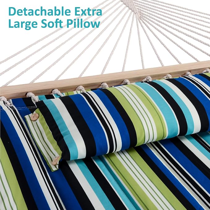 SUNCREAT Hammock with Stand 2 Person Heavy Duty, Freestanding Hammock with Spreader Bar, Soft Pillow, Green Stripes - Image 5