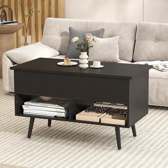 Tangkula Lift Top Coffee Table, Modern Cocktail Table with Hidden Compartment & 2 Open Shelves, Flip Top Center Table, Wooden Pull up Coffee Table for Living Room, Reception Room, Office (Black)