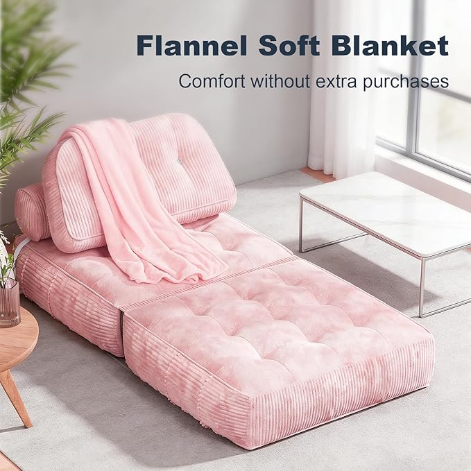 Folding Sofa Bed, Flannel Futon Couch Bed with Pillow and Blanket, Convertible Sleeper Chair for Living Room Bedroom (Two Pink)