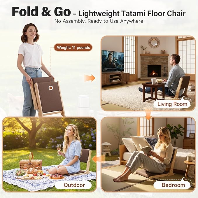 Tiita 2Pcs Floor Games Chair, Foldable Meditation Tatami Chairs, Backrest Chair with Cushion, Living Room Chair Seat, Wood Brown