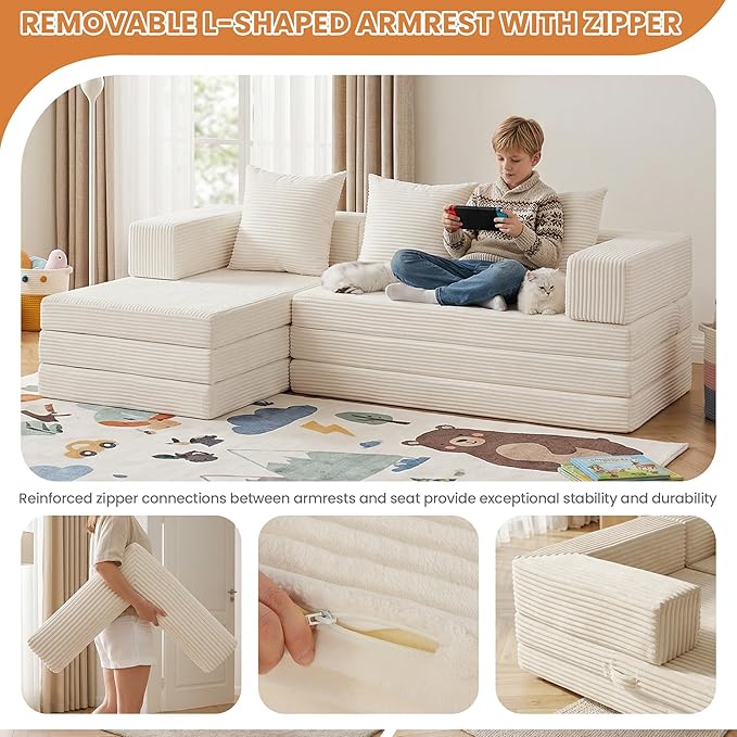 Modular Sectional Sofa, Boneless Convertible Oversized Sleeper Sofa Bed, Modern Tri-Folding Cloud Couch with L-Shape Chaise, Corduroy Futon Couches for Living Room Small Spaces Apartment,No Assembly