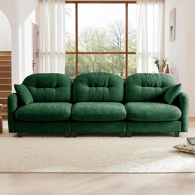 KEIKI 107" Oversized Chenille Modular Sectional Sofa with High-Density Foam Cushion and Tufted Pleated Cushion Backrest, Upholstered Modern 3-Seater Cloud Couch with 2 Pillow, for Living Room, Green