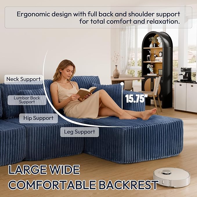 132" U Shaped Couch, Modular Sectional Sofa with Chaise, Corduroy U Shaped Boneless Couch with Deep Seat, Upholstered Modular Cloud Sofa for Living Room, No Assembly Required, Blue