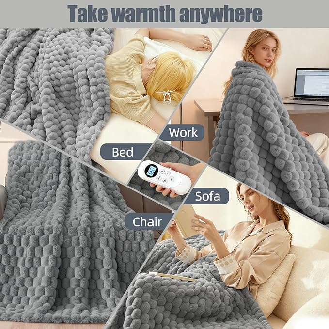 Eastsora Heated Blanket Throw 50" x 60" Soft Ribbed Faux Fur Flannel Fast Heating 12 Heat Levels 1–12H Timer & Overheat Protection & Auto Shut-Off & ETL FCC & Machine Washable Heated Throw