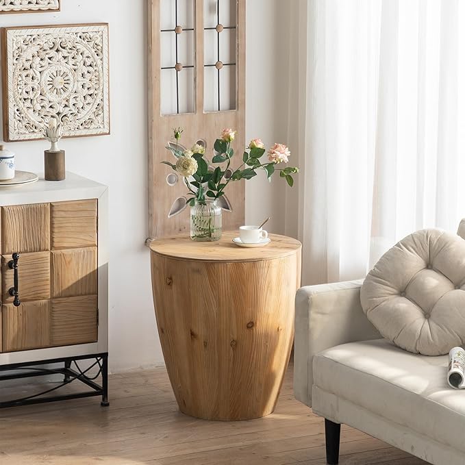21.6" Bucket Shaped Round Coffee Table with Storage, Drum Coffee Table for Office, Dining Room and Living Room, Nature