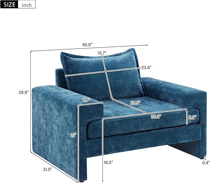 Christopher Knight Home Aylen Modern Chenille Upholstered Accent Chair with Wide Armrests, Wooden Living Room Club Chair, Bedroom Comfy Reading Chair with Back Pillow, Blue