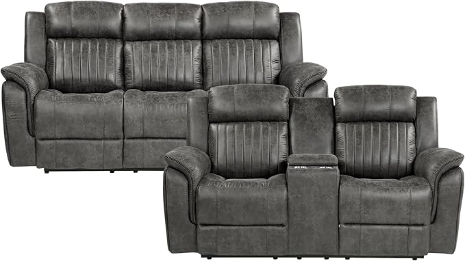Lexicon Recliner Living Room Set, Home Theater Seating, Manual Polished Microfiber Upholstery Sofas, RV Couch Including Double Recliner Sofa and Loveseat, 2-Piece Set, Brownish Gray