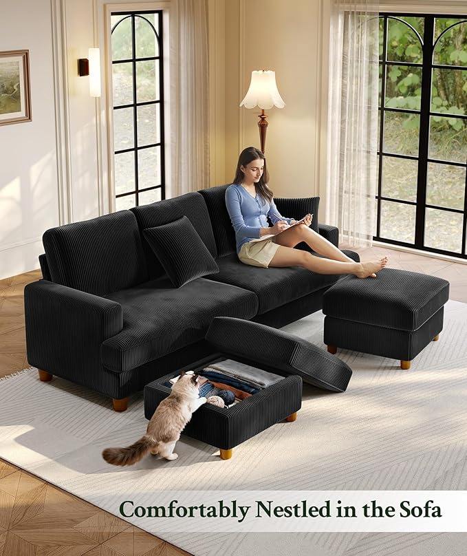 25.2" Couches for Living Room, Comfy Black Ottoman with Storage, Foot Rest Tool-Free Setup, Small Ottoman Foot Rest for Couch, Corduroy Couch for Bedroom, Apartment, Office