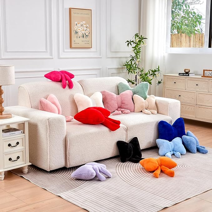 XVTRU Lavender Bow Pillow, Soft Bow Decorative Pillows with Faux Rabbit Fur, Cute 12" Bow Throw Pillows, Aesthetic Home Decor Bow Shaped Plush Pillow for Bedroom Sofa Couch