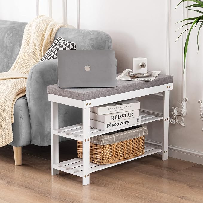 Apicizon 3-Tier Shoe Rack for Entryway, Bamboo Shoe Bench with Cushion Padded Seat, Small Shoe Organizer with Storage for Indoor Entrance Hallway Bedroom Living Room, White - Image 5