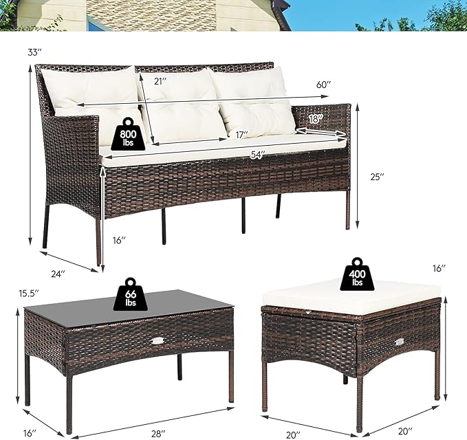 HAPPYGRILL 3PCS Outdoor Rattan Conversation Set Patio Furniture Set with Tempered Glass Coffee Table, 5 Elastic Seat & Back Cushions, Sectional Sofa Set for Poolside Balcony Backyard