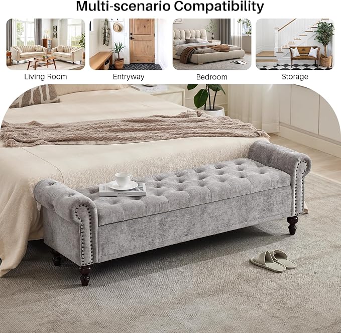 SOFTHION Storage Bench for Bedroom, 67" End of Bed Bench King Size, Upholstered Chenille Storage Ottoman with Tufted Cushioned Rolled Arm Large Storage Space for Living Room Entryway, Light Grey - Image 7