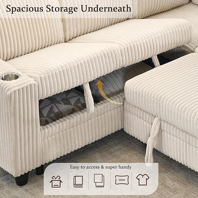 81" Modular Sectional Sofa, L-Shaped Convertible Sectional Sleeper Sofa Bed with Pull Out Bed, Storage Chaise, USB & Type-C Charging, 5-Seat Corduroy Couch for Living Room Apartment, Beige