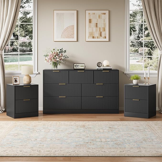 7 Drawer Dresser & Nightstand Set 3-Piece, 55” Wide Bedroom Dressers and Night Stand Set of 2 with Metal Handle, Fluted Modern Wood Chest of Drawers Storage Dressers Set for Bedroom, Black