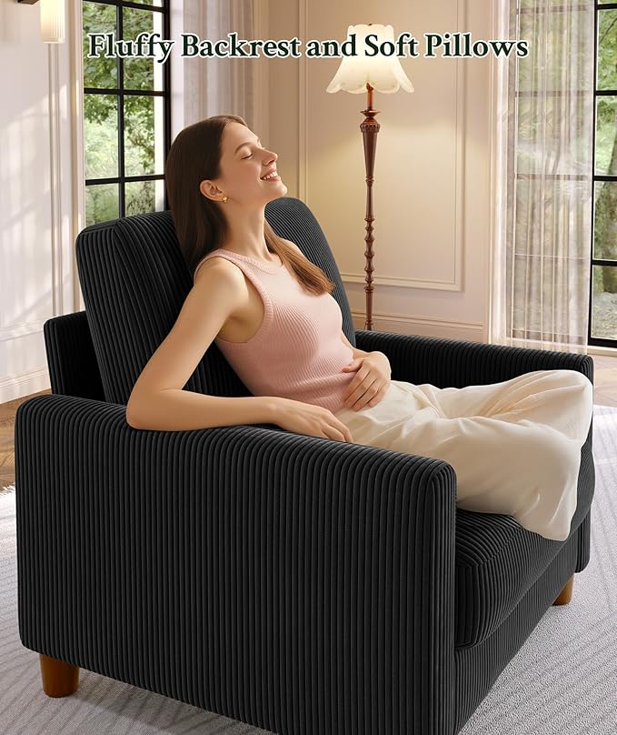 35.3" Couches for Living Room, Comfy Black Couch Single with 22.5" Deeper Seat, Accent Chair Tool-Free Setup, Reading Chair 440lbs Support, Corduroy Couch for Bedroom, Apartment, Office