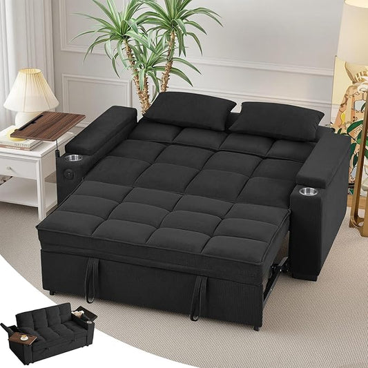 65'' 3-in-1 Sleeper Sofa Bed with Pull-Out Couch & Side Table, Convertible Loveseat with Adjustable Backrest, Velvet Chaise Lounge with USB & Type-C Ports, Black