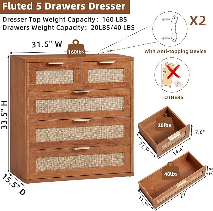 LEYAOYAO Rattan Dresser for Bedroom, 33.5" Tall Chest of Drawers, Modern 5 Drawers Boho Dressers with Storage, Vintage Brown Dresser Wooden Closet Organizer for Living Room, Hallway - Image 3