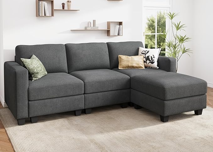 HONBAY Convertible 97'' Sectional Sofa with Storage Ottoman, 3 Seat L Shaped Couch for Small Space,Living Room, Grey