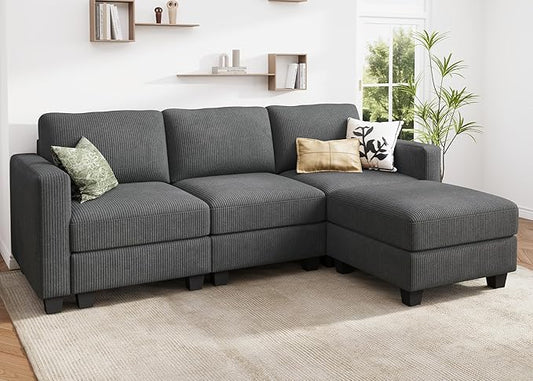 HONBAY Convertible 97'' Sectional Sofa with Storage Ottoman, 3 Seat L Shaped Couch for Small Space,Living Room, Grey
