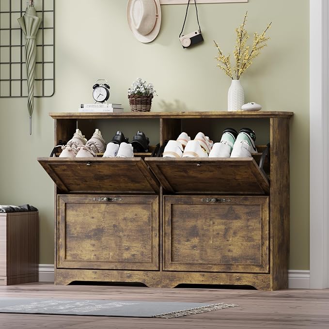 BORNOON Large Shoe Cabinet for Entryway, 4 Flip Drawer Organizer with Adjustable Shelves, Wooden Slim Shoe Storage Cabinet and Rack for Closet, Hallway, Foyer by BORNOON