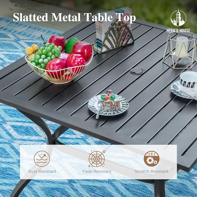 HERA'S HOUSE 5-Piece Patio Table and Chairs, Outdoor Dining Set for 4, Square Metal Table and Textilene Chairs with Umbrella Hole for Lawn Garden Backyard Deck, Brown - Image 5