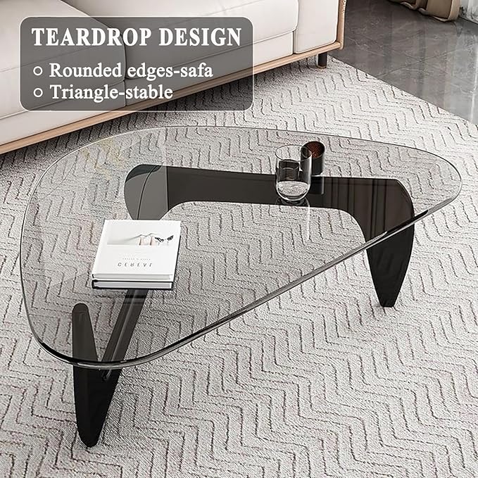 Mid Century Modern Glass Coffee Table, Coffee Table for Living Room, Noguchi Coffee Tables,Suitable for Bedroom Living Room Reception Office Tables (Black/Transparent, ML)