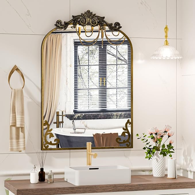 Koonmi Vintage Mirror, 22x30 Antique Barolon Mirror for Wall, Bronze Frame with Ornate Patterns, Flower Head, Shatter-Proof Tempered Glass Arched Decorative Mirrors for Bathroom - Image 2