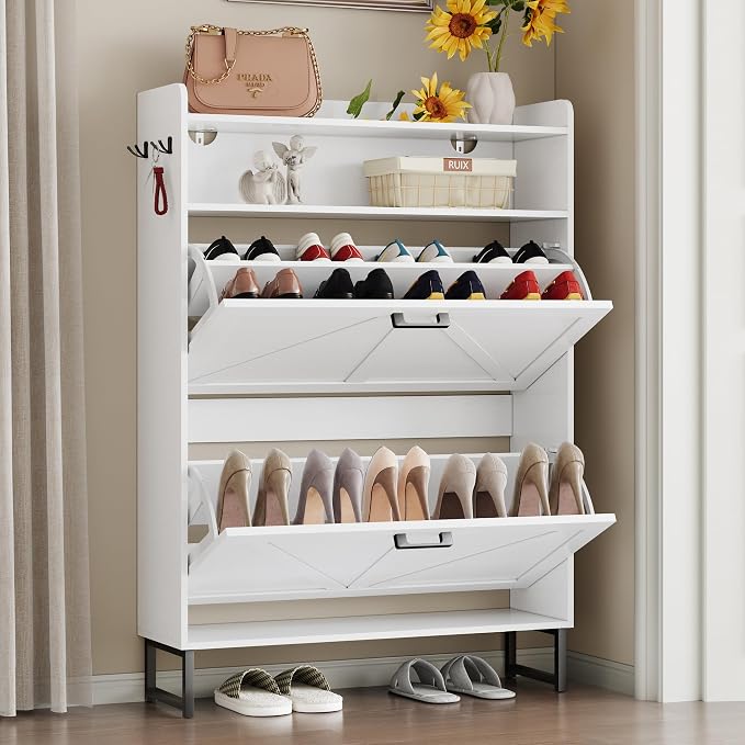 BORNOON Shoe Cabinet with 2 Flip Drawers Narrow Shoe Storage Cabinet Organizer Wooden Freestanding Shoe Rack Hidden Slim Shoes Storage Cabinet for Entryway, Hallway, Bedroom - Image 3