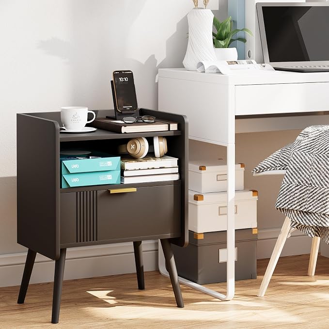 Aenuert Night Stand Modern End Table with Storage Drawer and Open Shelf, Small Bedside Stand, Wooden Sofa Side Table for Bedroom,Study Room and Small Spaces (Black) - Image 4