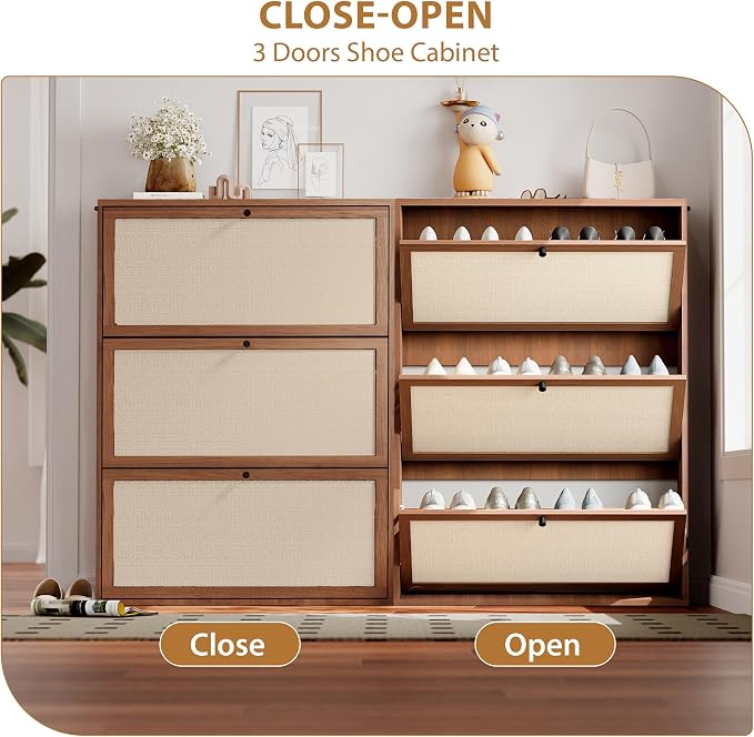 AVZEAR Narrow Shoe Storage Cabinet for Entryway with Natural Linen Panel, Freestanding Slim Shoe Cabinet with 3 Flip Drawers, Wood Shoe Organizer Closed Shoe Rack for Hallway, Living Room(Walnut) - Image 5