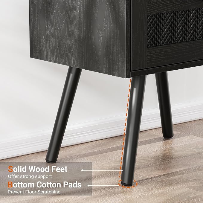SUPERJARE Nightstands with Charging Station, Bedside Table Set of 2 with Texilene Surface Drawers, Rattan Side Table with Storage & Solid Wood Feet, End Table for Bedroom, All Black - Image 6