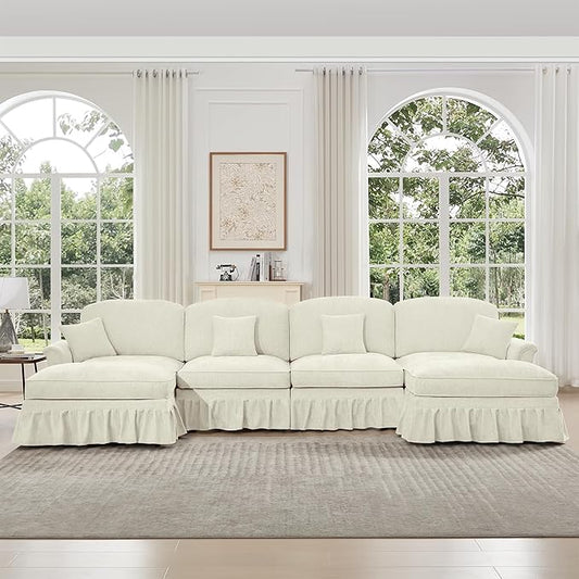 KEIKI Mid Century Modular Sofa with Flared Arms and Skirted Design, 137“ Oversized 4-Seater Luxury with 2 Ottomans Chenille Sectional Couches for Living Room, Chaise Lounge Indoor, Beige White