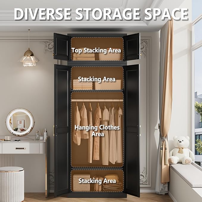 Polup Metal Armoire Closet, 86 Inch Tall Wardrobe Armoire with Hanging Rod, Wardrobe Closet for Clothes with Doors, 18" D x 32" W x 86" H,Black, Assemble Required, Shipped in Two Packages