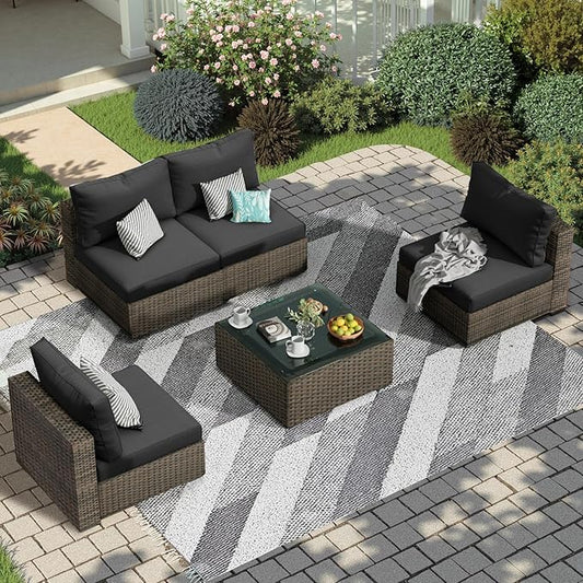 5 Piece Patio Furniture Set All Weather PE Rattan Outdoor Sectional Sofa Couch with No-Slip Cushions and Glass Top Table for Garden, Poolside, Backyard (Black)