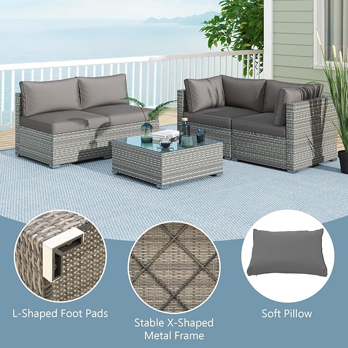 Tangkula 5-Piece Outdoor Patio Sectional Sofa Couch, PE Rattan Conversation Set w/Glass Coffee Table & Cushions, Outdoor Furniture Set w/Sturdy Metal Frame for Garden Poolside Backyard