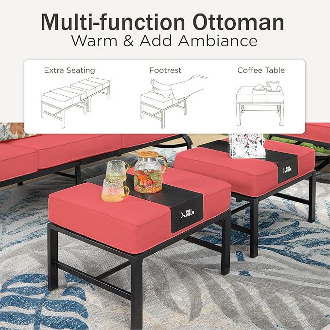 PHI VILLA 8 PCS Patio Furniture Set with Fire Pit Table,Metal Outdoor Furniture with 1 x 3-Seat Bench Sofa, 2 x Swivel Sofa Chairs, 2 x Leg Chair & 2 x Ottoman, Modern Patio Set, Red
