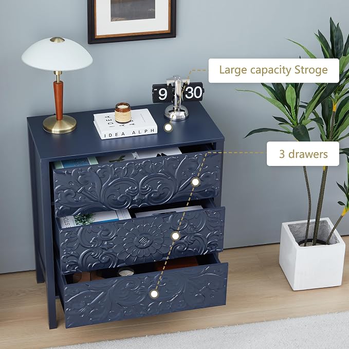 weselon 3 Drawer Flower Motif Dresser, Accent Dresser Chest with 3 Drawers, Luxury Nightstands Set of 2 for Bedroom, Small Wide Nightstand for Living Room, Bedroom, Entryway (2, Gray Blue) - Image 8