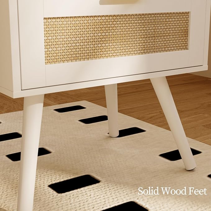 JOONEE Rattan Nightstand,Farmhouse Bedside Table with 2 Storage Drawer and Open Wood Shelf, for Bedroom and Small Spaces,Night Stand with Solid Wood Legs (White) - Image 7